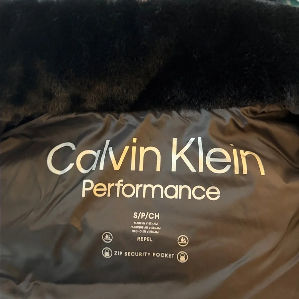 Calvin Klein Performance Women Black Hooded Puffer‎ Jacket Faux Fur Trim Zip